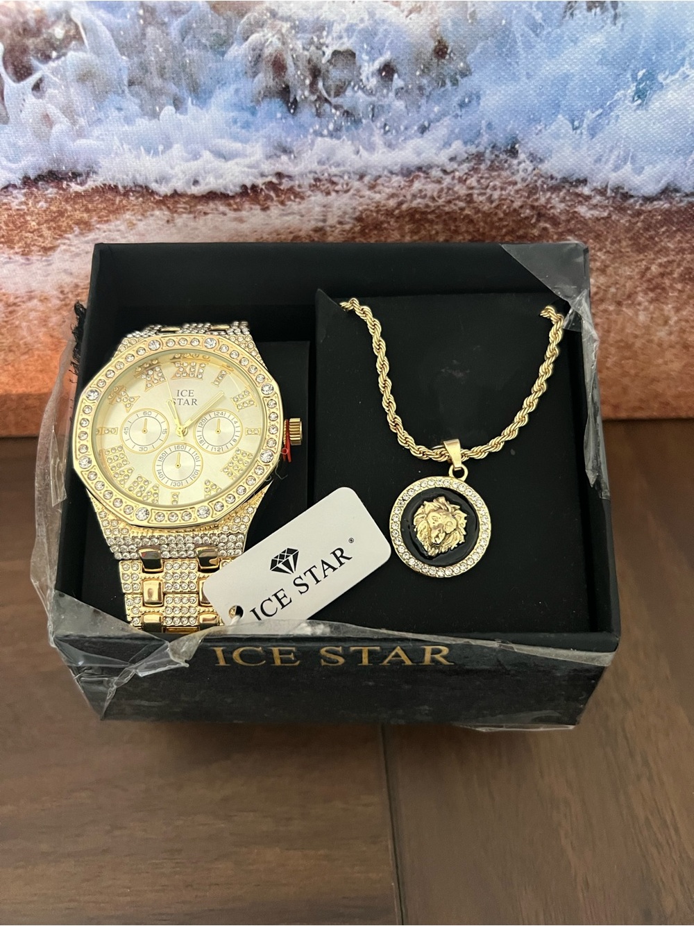 Men’s Gold-Tone Crystal Watch and Lion Pendant Necklace